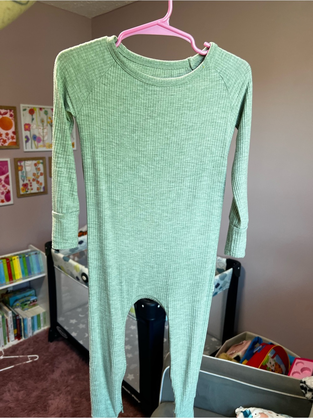 Little Sleepies Sage Green Ribbed Crescent Zippy Pajamas 18-24M VGUC
